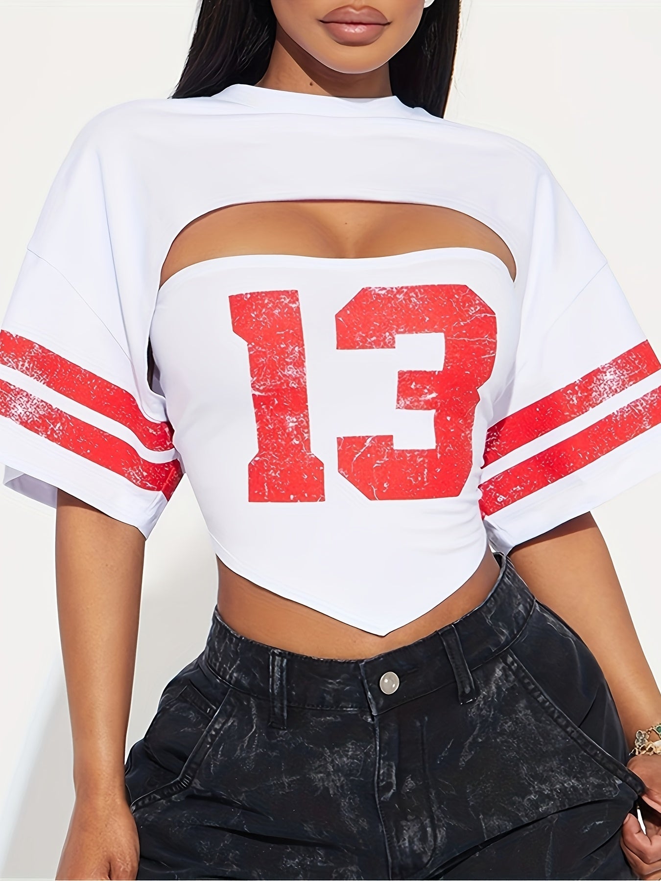 WLWXR Y2K Streetwear Solid Color Slim Fit 2 Two-Piece Sets - O-Neck Short Sleeve Top with Letter Print & Tube Top for Women, Black with White Numbers Design, Polyester Blend, Perfect for Casual Outfits